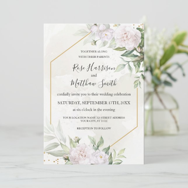 Invitation Elégant Aquarelle Verdure Fleurs blanches Mariage (Debout devant)
