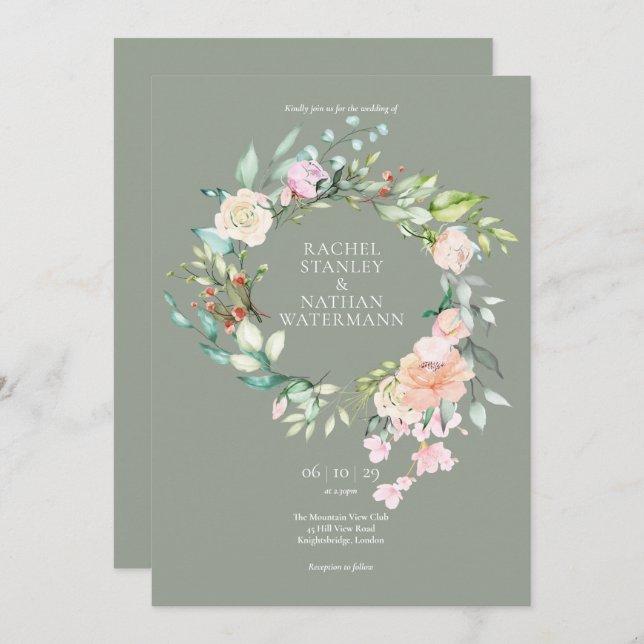 Invitation Elégant Aquarelle Verdure Floral Mariage (Devant / Derrière)