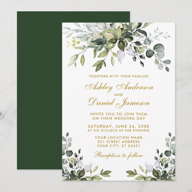Invitation Elégant Aquarelle Verdure Mariage Or (Devant / Derrière)
