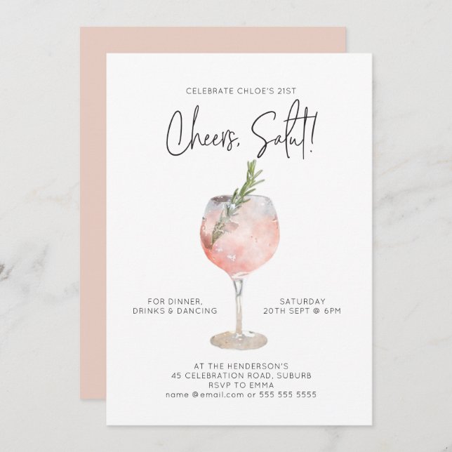 Invitation Elégant Aquarelle Vin Cocktail Party Rose 21e (Devant / Derrière)