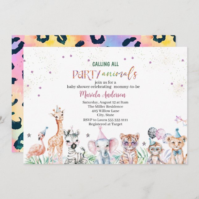 Invitation Elégant Aquarelle Wild Safari Animaux Baby shower (Devant / Derrière)