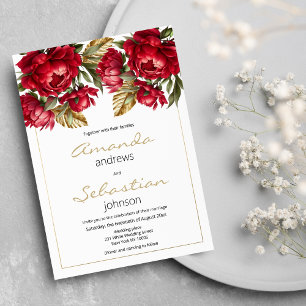 Invitation Elégant Arbre d'automne rouge or pivoines mariage