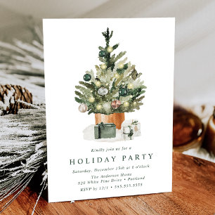 Invitation Élégant Arbre de Noël à l'Aquarelle pour Fête de F