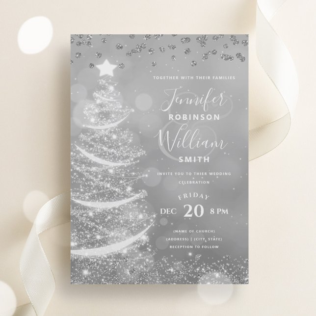 Invitation Élégant Arbre Mariage Festif Xmas (Elegant Festive Silver Wedding Xmas Tree Invitation)