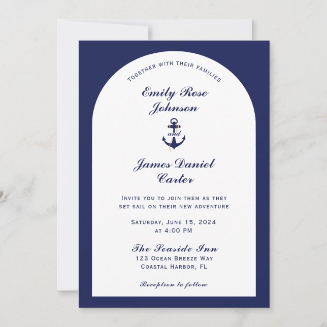 Invitation Elégant Arc Blanc & Marine Bleu Mariage nautique (Devant)