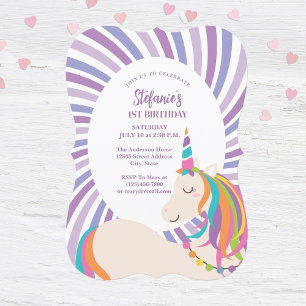 Invitation Elégant Arc-en-ciel licorne fille 1er anniversaire