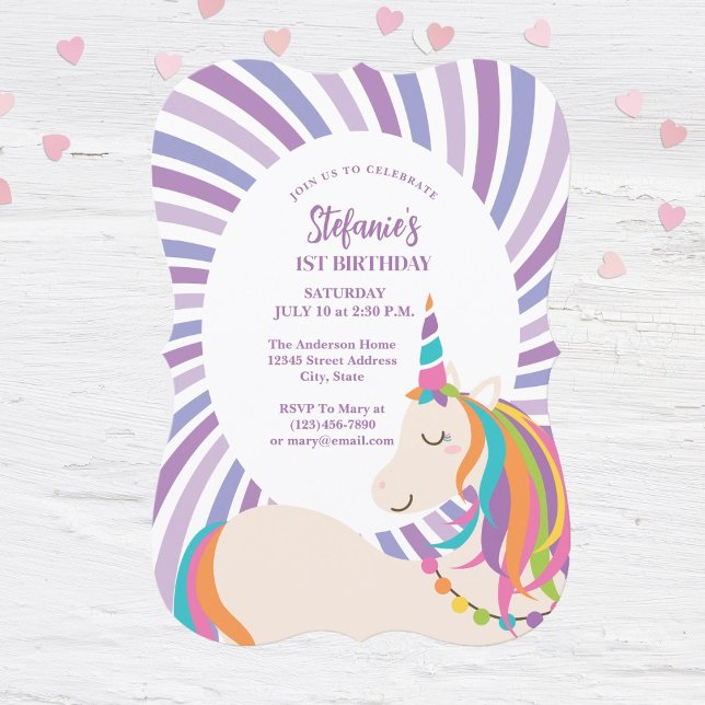 Invitation Elégant Arc-en-ciel licorne fille 1er anniversaire (Créateur téléchargé)
