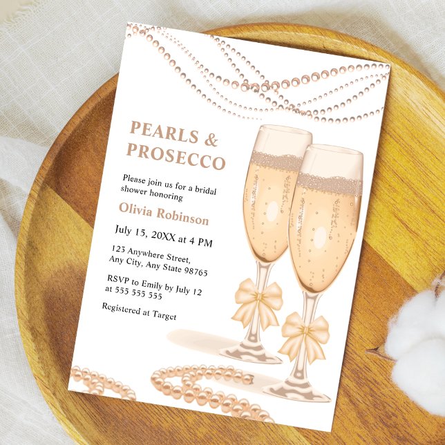 Invitation Élégant Arc en Or Perles et Prosecco Enterrement d (Elegant Gold Bow Pearls and Prosecco Bridal Shower Invitation )