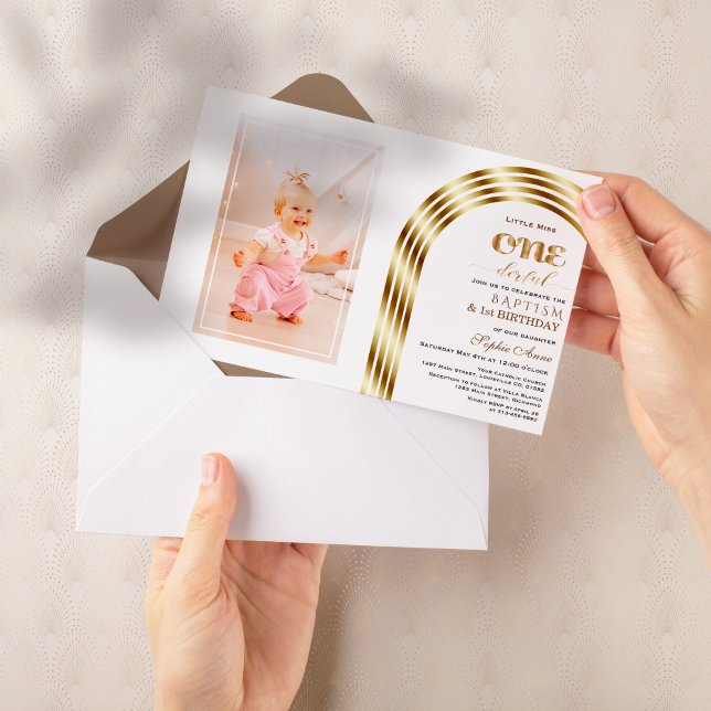 Invitation Elégant Arc Or Baptême 1er anniversaire fille phot (Créateur téléchargé)