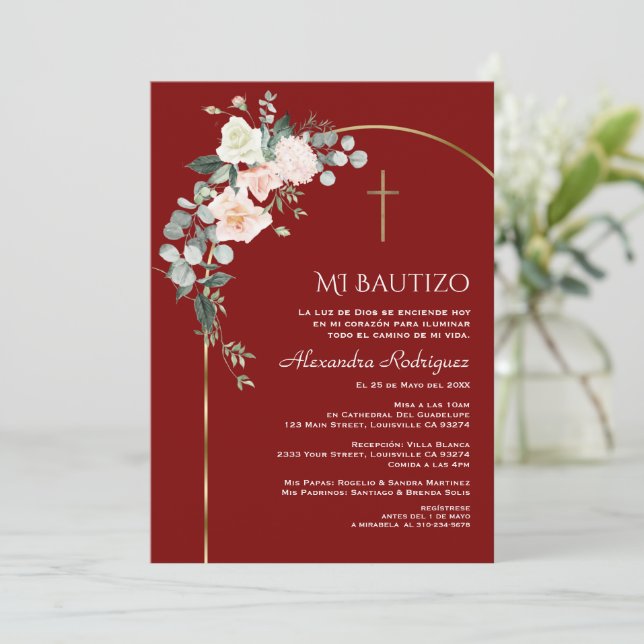 Invitation Elégant Arc Or Floral Bourgogne espagnol Bautizo (Debout devant)