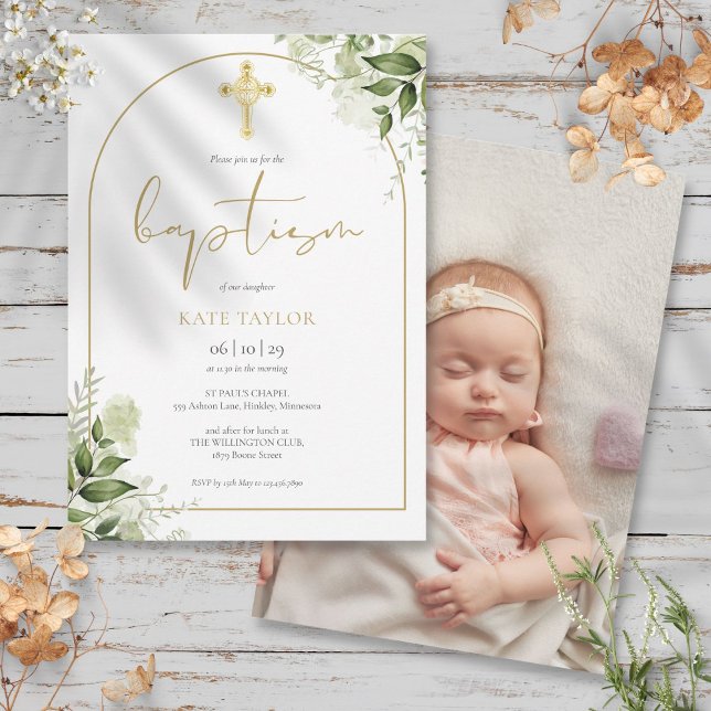 Invitation Elégant Arc Or Verdure Photo Florale Baptême (Elegant Gold Arch Greenery Floral Photo Baptism Invitation)