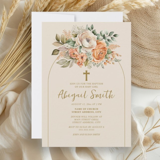 Invitation Élégant Arc Peach Floral Baby Girl Baptism (Peach and cream watercolor floral baby baptism invitation)