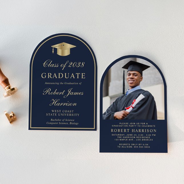 Invitation Elégant Arc Photo Blue Gold Graduation Party (An elegant arch-shaped college graduation party invitation to celebrate the graduate's achievements)