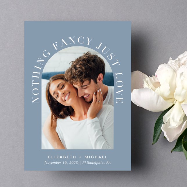 Invitation Elégant Arc Photo Dusty Blue Mariage Décontracté (Celebrate your love story with an invitation showcasing your favorite photo in an elegant arch frame)