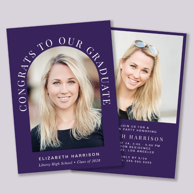 Invitation Elégant Arc Photo Purple Graduation Party (An elegant arch photo graduation party invitation to celebrate the graduate's achievements)