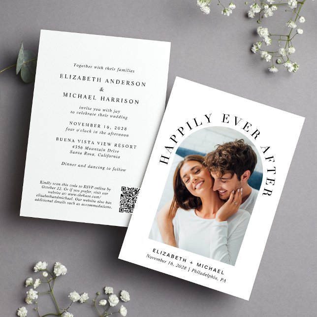 Invitation Élégant Arc Photo QR Code Tout en un Mariage (Celebrate your love story with an invitation showcasing your favorite photo in an elegant arch frame)