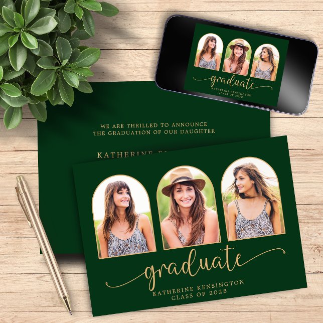 Invitation Elégant Arc Vert foncé Or 3 Photo Graduation (Elegant Arch Dark Green Gold 3 Photo Graduation Invitation)