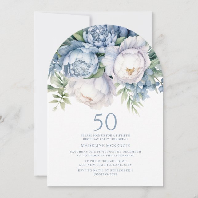 Invitation Élégant Arche de 50e Anniversaire Fleurie Bleu Pou (Devant)