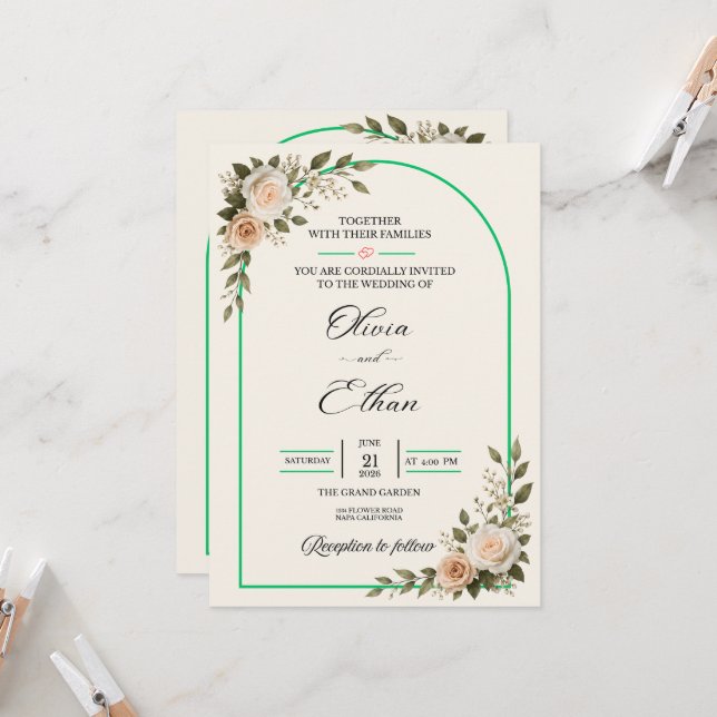 Invitation Élégant Arche de verdure florale de mariage (Devant/Arrière en situation)