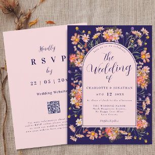 Invitation Élégant Arche Florale Mariage Bleu Nuit Rose Pâle