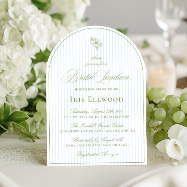 Invitation Élégant Arche Vert Sauge & Bleu pour le Lunch de M (Elegant Arch Sage Green & Blue Bridal Luncheon Invitation)
