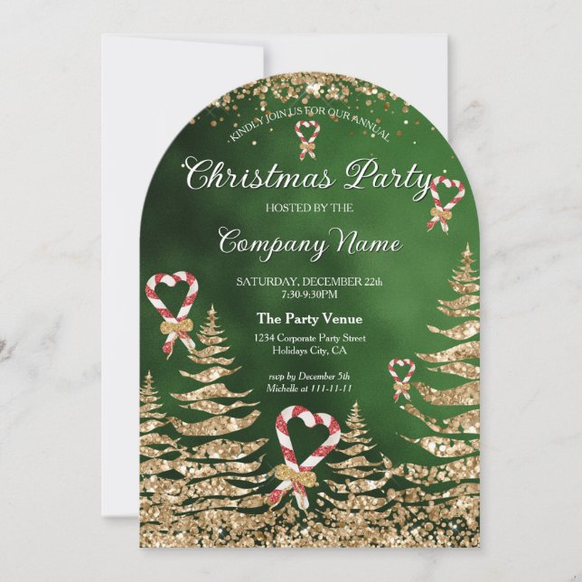 Invitation Elégant Arched Gold Parties scintillant Pine Corpo (Devant)