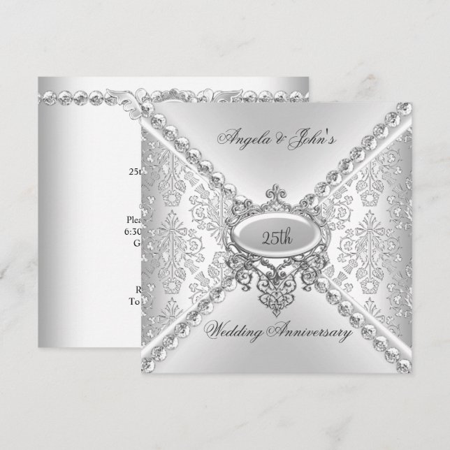 Invitation Élégant Argent 25e Anniversaire de Mariage Damassé (Devant / Derrière)