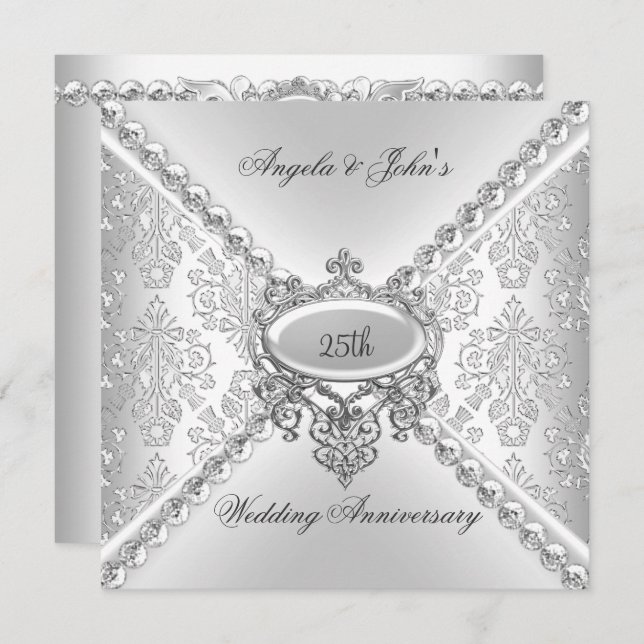 Invitation Élégant Argent 25ème Mariage Anniversaire Damas (Devant / Derrière)