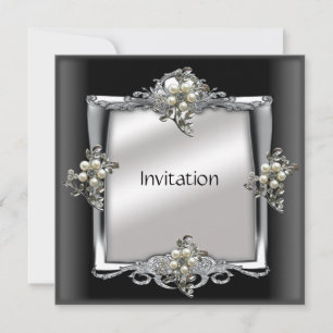 Invitation Elegant Argent Black Pearl Jewel
