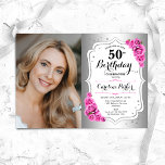 Invitation Elégant argent blanc roseRoses Photo 50e anniversa<br><div class="desc">Elégante invitation au 50e anniversaire fleurie féminine avec votre photo. Design de glam avec faux argent. Comprend des roses roses roses, des caractères de script et des confettis. Parfait pour une fête anniversaire adulte élégante. Personnalisez avec vos propres détails. Peut être customisé pour n'importe quel âge ! Invitations Zazzle imprimées...</div>