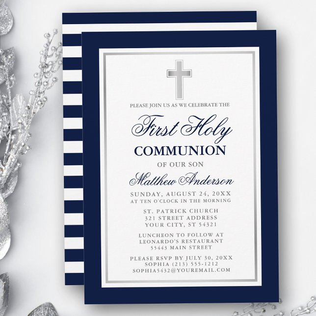 Invitation Élégant Argent Bleu Première Sainte Communion rayé (Customize to change text size, color or text style.)