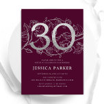 Invitation Elégant Argent Bourgogne 30e anniversaire<br><div class="desc">Elégante invitation à la fête du 30e anniversaire en argent bordeaux. Design féminin moderne et personnalisable avec des accents botaniques rose et de la fausse parties scintillant argent. Carte invitation florale simple parfaite pour une célébration anniversaire élégante. Personnalisez avec vos propres détails. Invitations Zazzle imprimées ou téléchargement instantané modèle imprimable...</div>