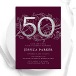 Invitation Elégant Argent Bourgogne 50e anniversaire<br><div class="desc">Elégante invitation à la fête du 50e anniversaire en argent bordeaux. Design féminin moderne et personnalisable avec des accents botaniques rose et de la fausse parties scintillant argent. Carte invitation florale simple parfaite pour une célébration anniversaire élégante. Personnalisez avec vos propres détails. Invitations Zazzle imprimées ou téléchargement instantané modèle imprimable...</div>