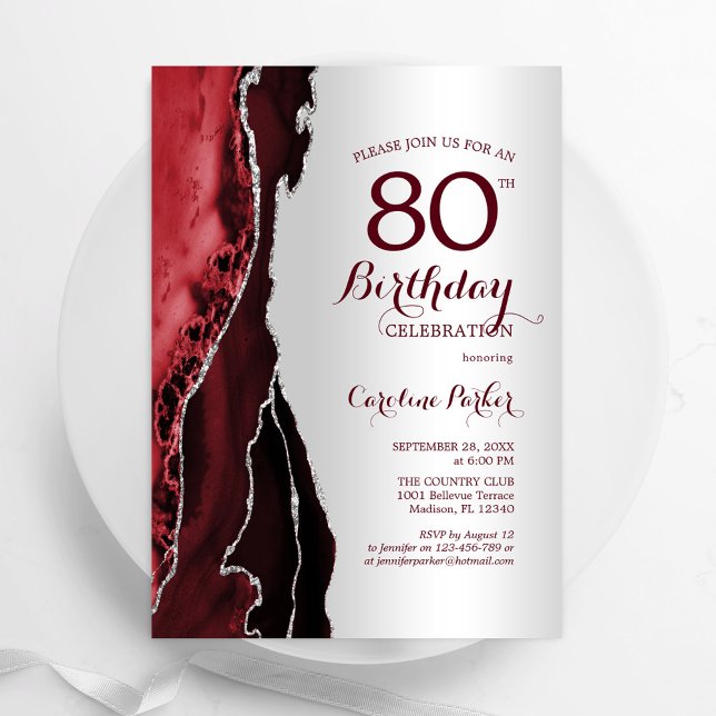 Invitation Elégant Argent Bourgogne Rouge Agate 80e anniversa (Créateur téléchargé)