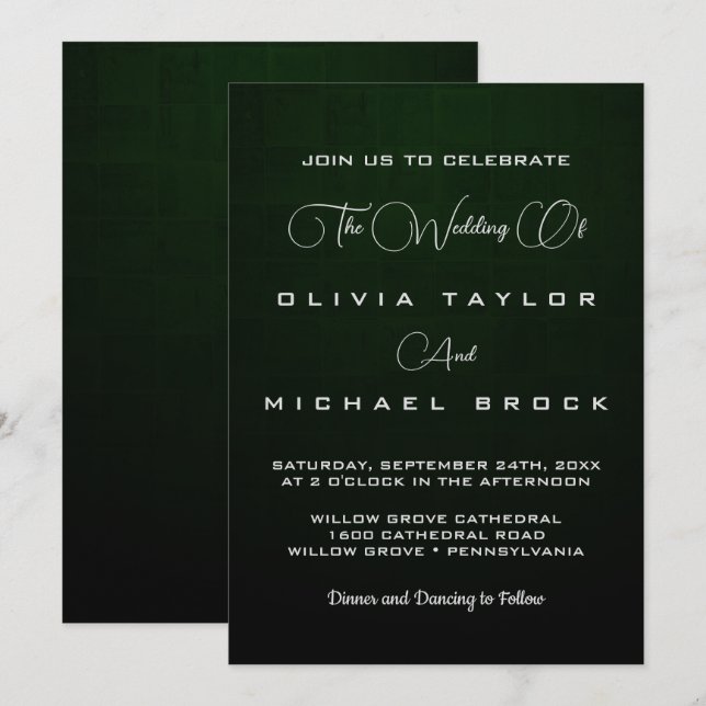 Invitation Élégant argent chic sur mariage vert foncé (Devant / Derrière)