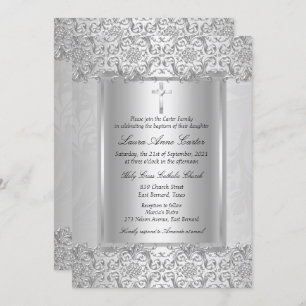 Invitation Elégant Argent Damask Cross Baptism / Christening