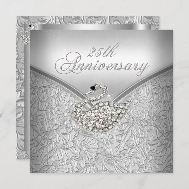 Invitation Elégant argent Damask cygne blanc 25e anniversaire (Devant / Derrière)
