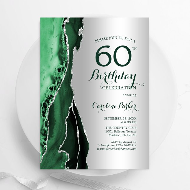 Invitation Élégant Argent Emerald Green Agate 60e anniversair (Créateur téléchargé)