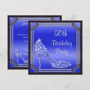 Invitation Elégant Argent encadré bleu Stiletto 50e anniversa