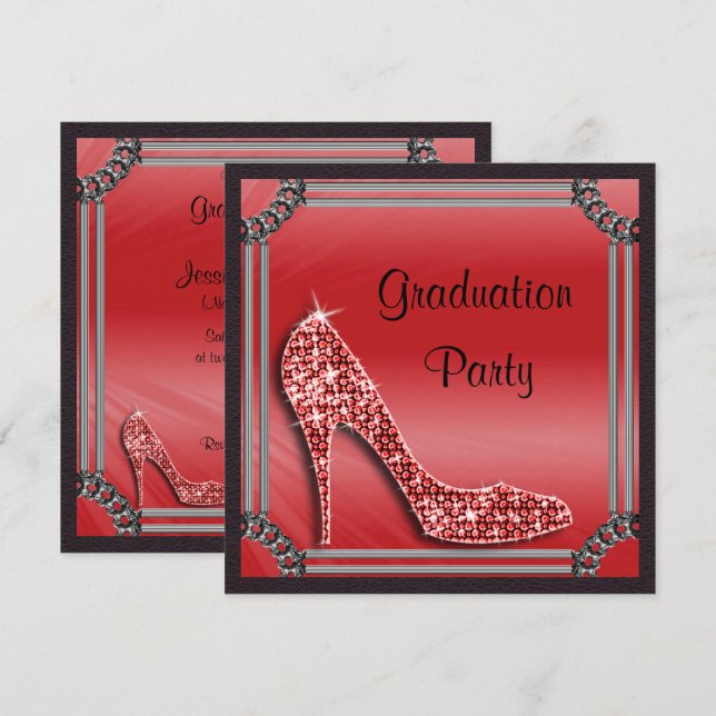 Invitation Élégant Argent encadré Red Stiletto Graduation (Devant / Derrière)