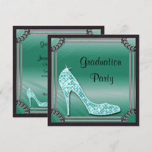 Invitation Élégant Argent encadré Turquoise Stiletto Graduati