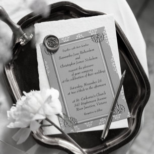 Invitation Elégant argent et Mariage damassé blanche