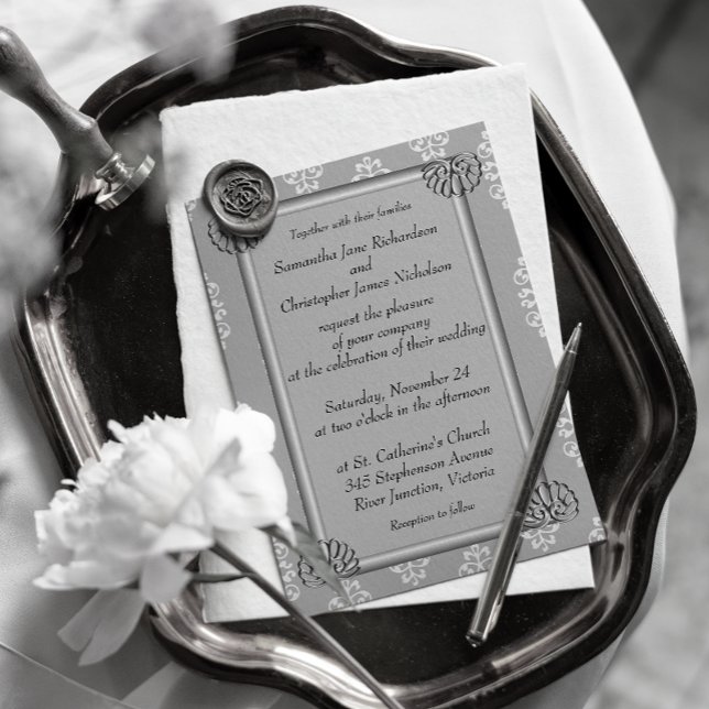 Invitation Elégant argent et Mariage damassé blanche (Créateur téléchargé)