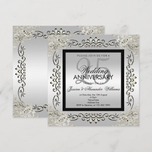 Invitation Élégant Argent et Noir 25e Anniversaire de Mariage