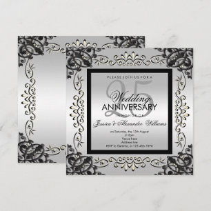Invitation Élégant Argent et Noir 25e Anniversaire de Mariage