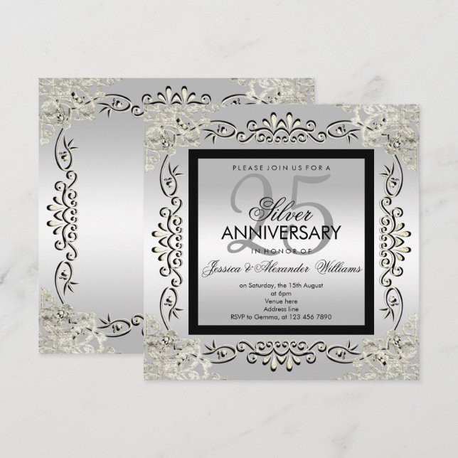 Invitation Élégant Argent et Noir 25e Anniversaire de Mariage (Devant / Derrière)
