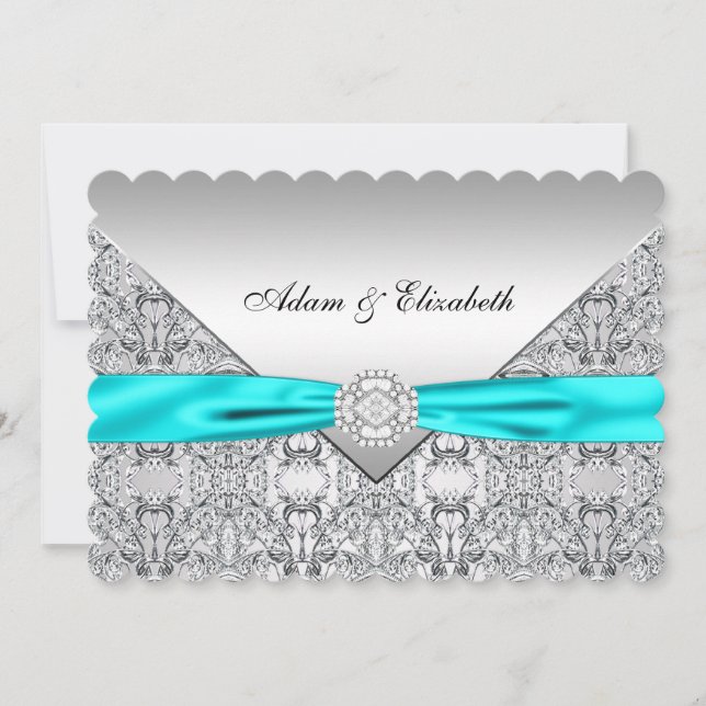 Invitation Elégant Argent et Turquoise Mariage en dentelle bl (Devant)