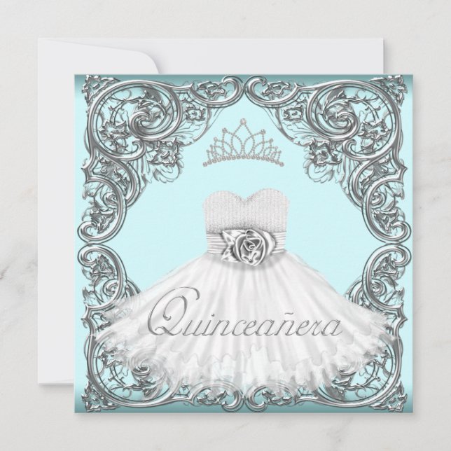 Invitation Elégant argent et Turquoise Quinceanera bleu (Devant)