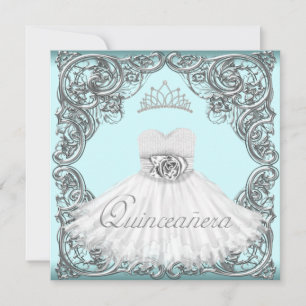 Invitation Elégant argent et Turquoise Quinceanera bleu