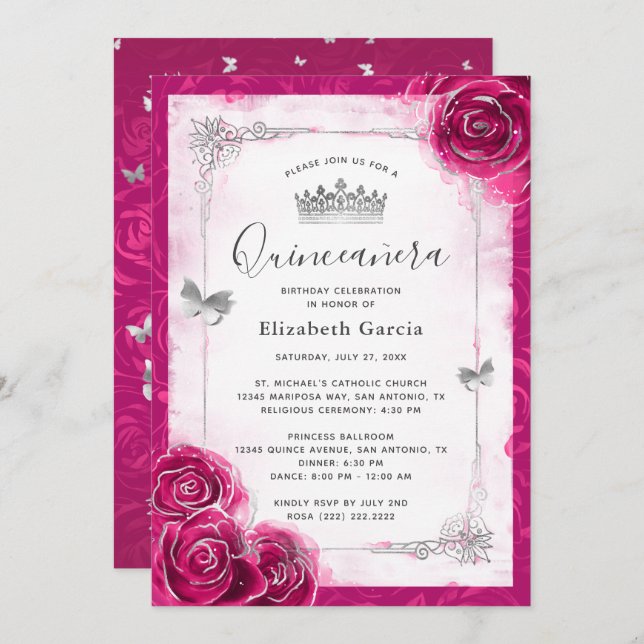 Invitation Elégant argent floral et Fuchsia Quinceanera (Devant / Derrière)